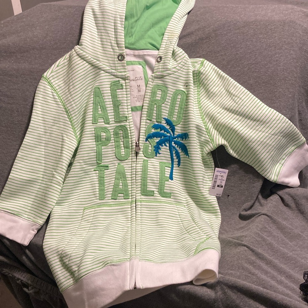 NWT girls Med 3/4 length hoodie white with green stripes zip up.